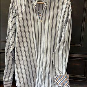 Thomas Dean Blue and White Striped Button-Down Shirt